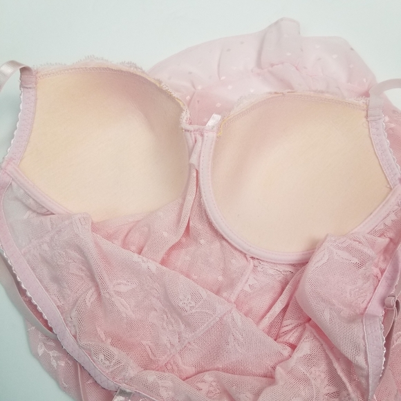 Sexy Pastel Pink L Stretchy Lace Sheer Short Chemise Nightie Foam Bra Underwire - Picture 7 of 8